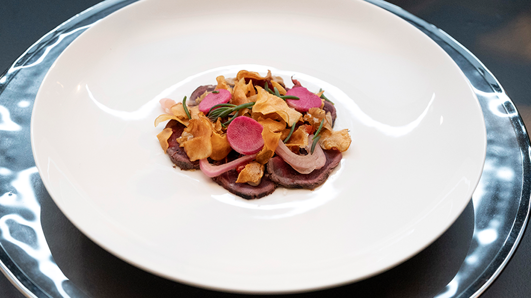 BBQ Kangaroo Carpaccio, Black Garlic, Bush Tomato, Jerusalem Artichoke