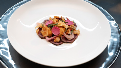 BBQ Kangaroo Carpaccio, Black Garlic, Bush Tomato, Jerusalem Artichoke