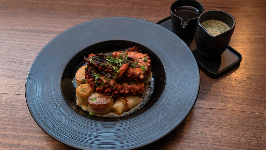 Charred Octopus with Leek and Potato and Yoghurt Sauce with Dill Oil