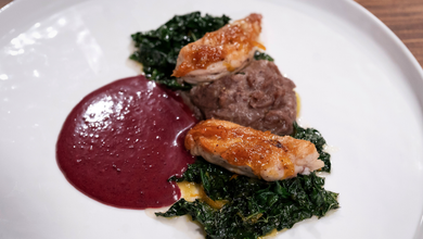Orange & Whisky Marmalade Glazed Spatchcock with Adzuki Bean Purée, Cavolo Nero and Mulberry Beurre Blanc