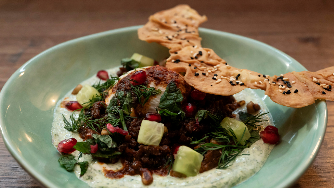 Turkish Eggs, Herb Yoghurt Sauce, Turkish Spiced Lamb Mince, Spiced Butter, Filo Crown
