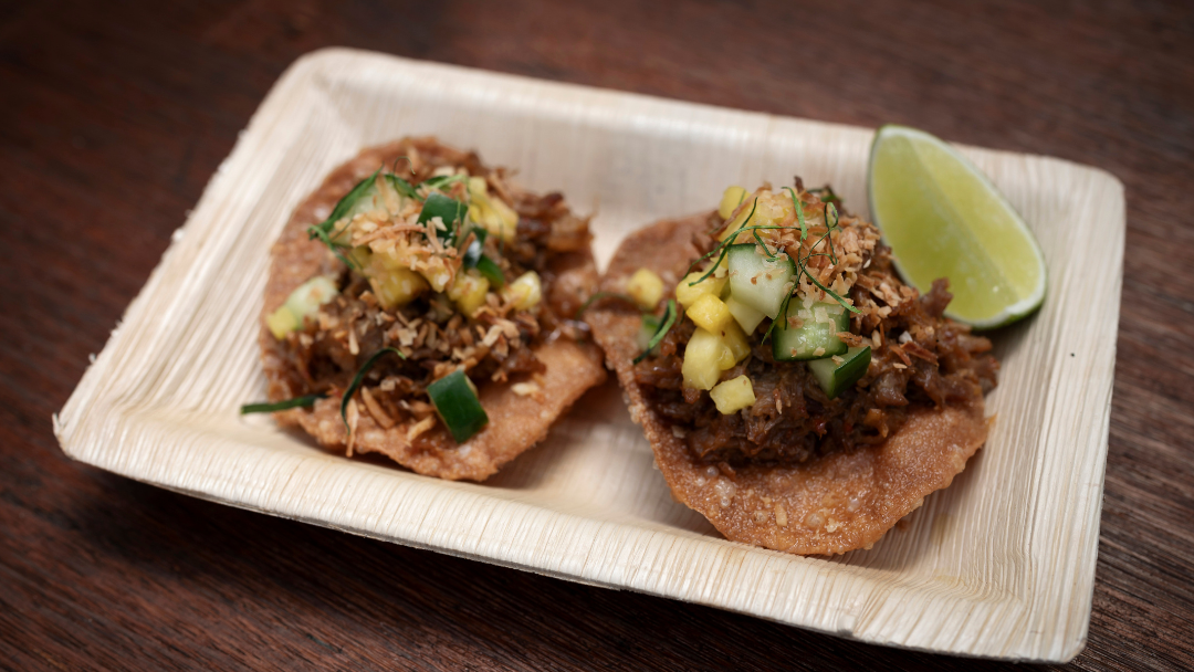 Pork Rendang Tostada With Pineapple And Cucumber Salsa