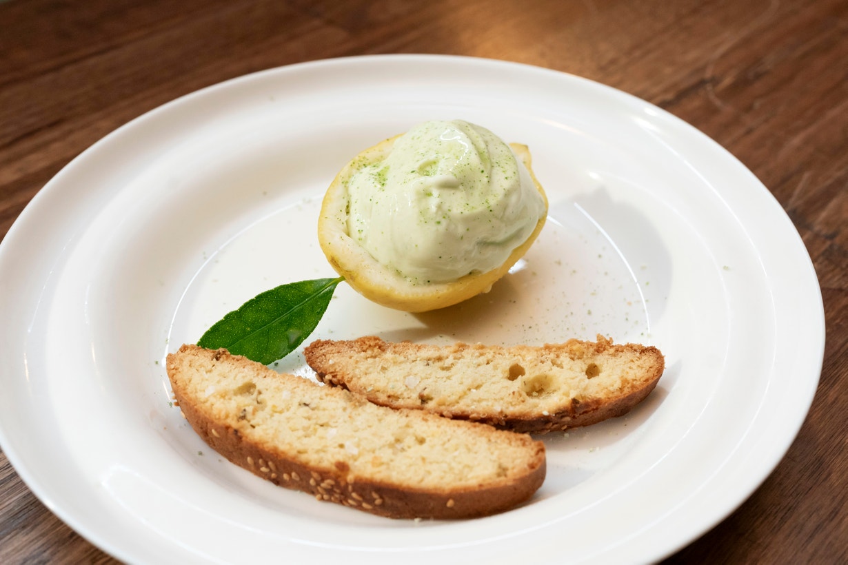 Lemon Leaf Ice Cream, Lemon Granita And Sesame And Fennel Seed Biscotti
