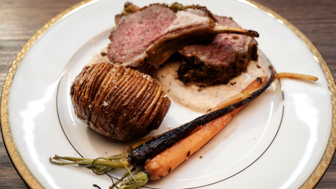 Herb Crusted Lamb Rack, Hasselback Potatoes, Honey Cumin Glazed Carrots, Tangy Yoghurt Sauce