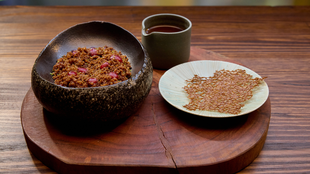 Wattleseed Ice Cream, Macadamia Crumb, Soy Sauce Caramel, Ooray Plum Gel and Wattleseed Coral