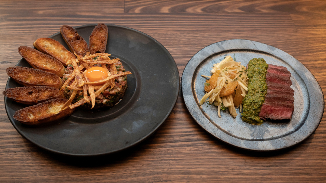Tartare With Crispy Potato & Crostini, And Hibachi-Grilled Flat Iron With Salsa Verde, Fennel & Orange Salad